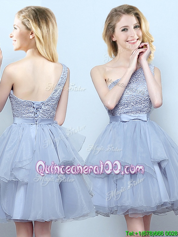Extravagant One Shoulder Sleeveless Lace Up Dama Dress for Quinceanera Grey Organza