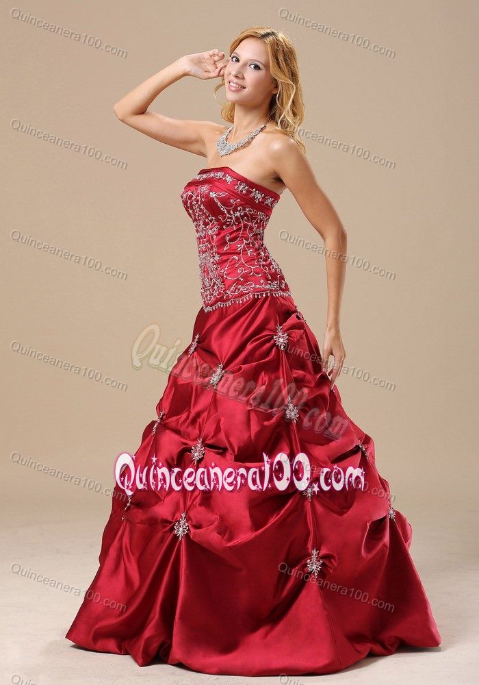 Wine Red Strapless Pick-ups Dress for Sweet 16 with Embroidery