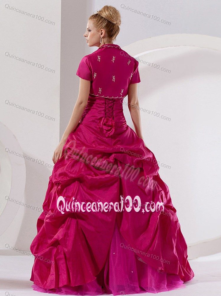 Pretty Hot Pink Taffeta Embroidery Sweet 16 Dresses with Beading