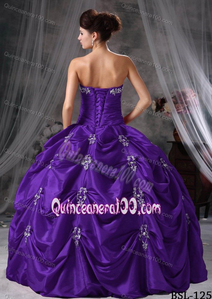 Purple Ball Gown Ruched Appliques Quince Dresses with Pick-ups