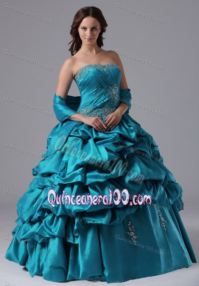 Teal Pick-ups Appliques Quince Dresses with Beaded Ruche Bodice