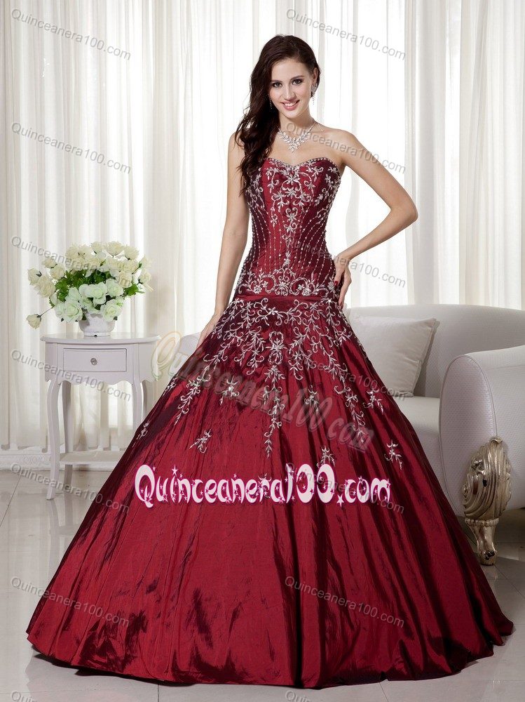 Affordable Wine Red Taffeta Dresses for a Quince with Embroidery