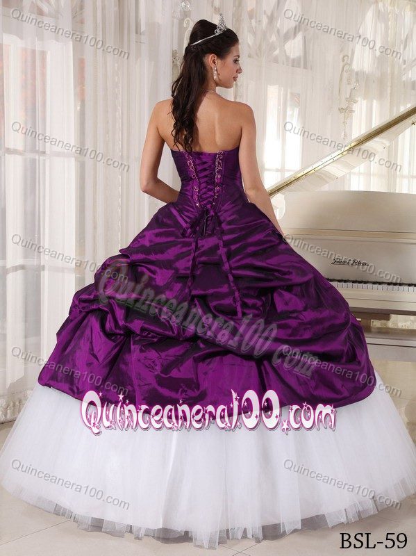 Purple and White Embroidery Dress for Quince in Taffeta and Tulle