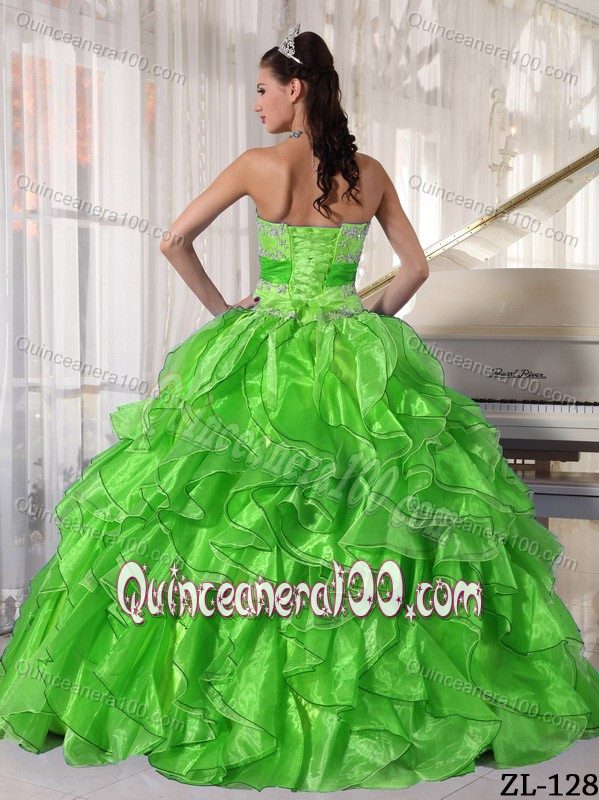 Spring Green Appliques and Ruffles Quinceanera Dresses with Sash