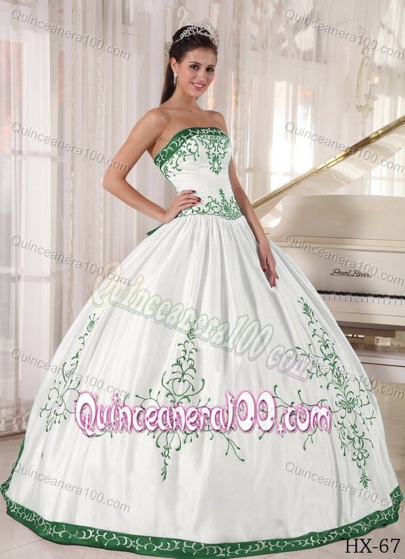 Simple Strapless White and Green Embroidery Sweet 15 Dresses ...