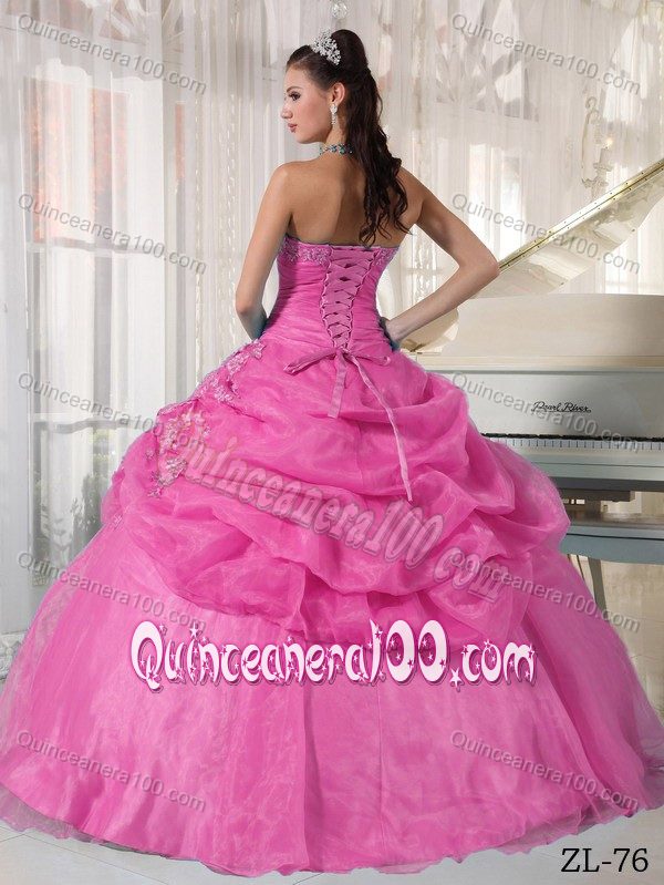 Pink Ball Gown Strapless Pick-ups and Pleats Quinceanera Gowns