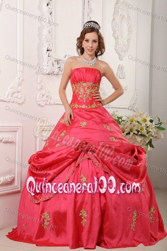 Coral Red Princess Appliques and Pick-ups Accent Sweet 15 Dresses