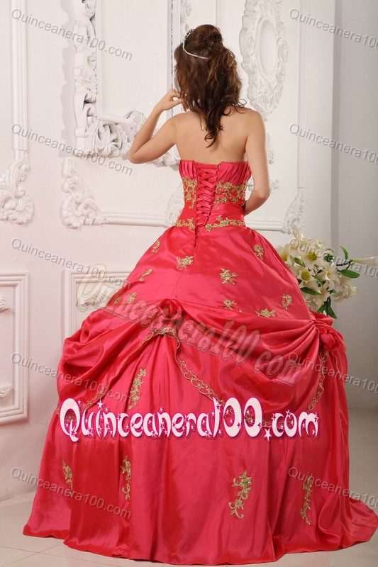 Coral Red Princess Appliques and Pick-ups Accent Sweet 15 Dresses