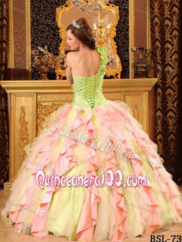 Chic Multi-colored Oner Shoulder Beading Ruffled Sweet 15 Dresses