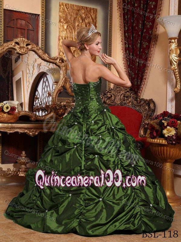 Olive Green A-line Strapless Taffeta Beading Quinceanera Gowns