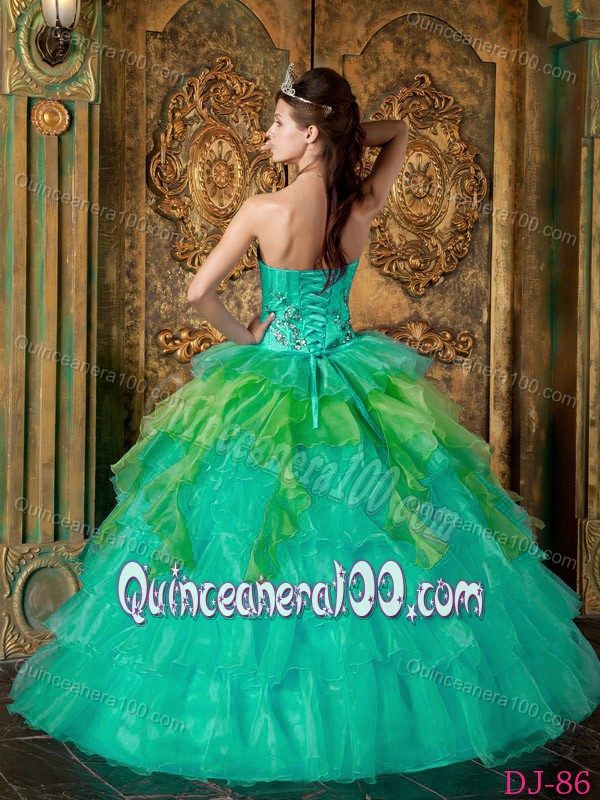 Turquoise Organza Dress for Quinceaneras with Tiered Ruffles
