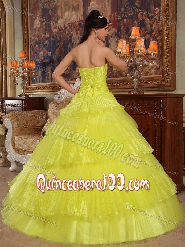 Yellow Layered Organza Sweet Sixteen Dresses with Pleats