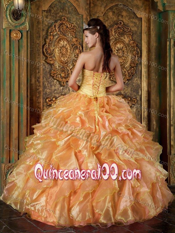 Orange Ruffled Floor-length Beaded Quinceanera Gown Dresses