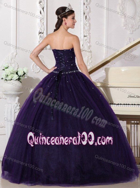 Dark Purple Tulle Dress for Quinceaneras with Rhinestone