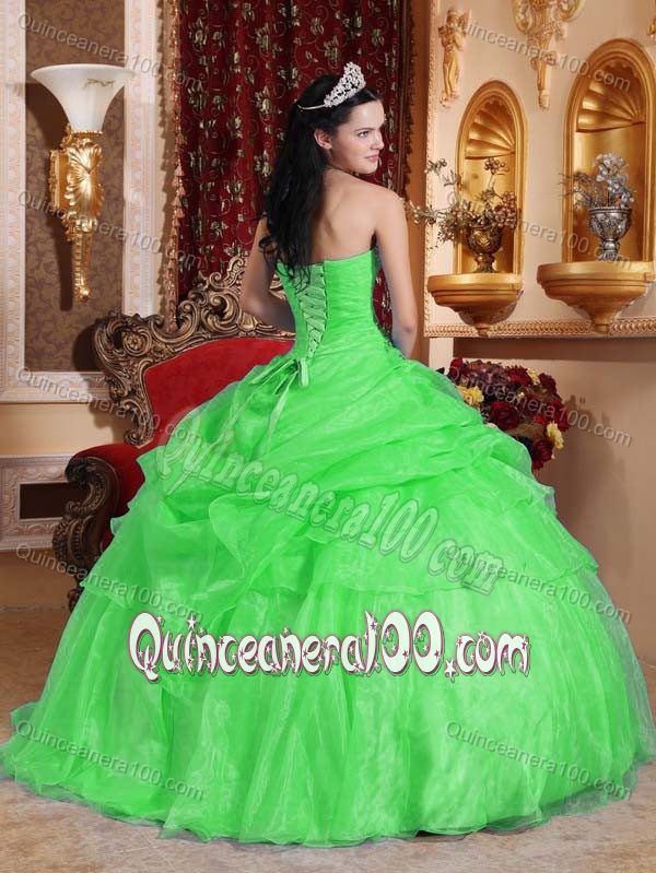 Green Floor-length Organza Beaded Quinceanera Gown Dresses