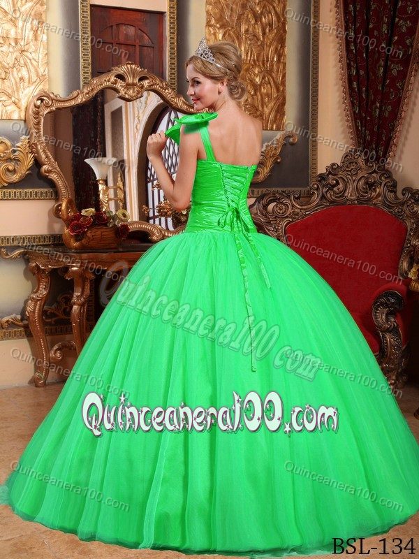 Green One Shoulder Taffeta and Tulle Dress for Quinceaneras