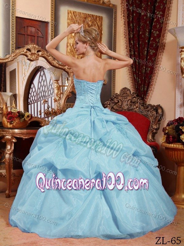 Blue Organza Appliques Quinceanera Dresses with Pick-ups