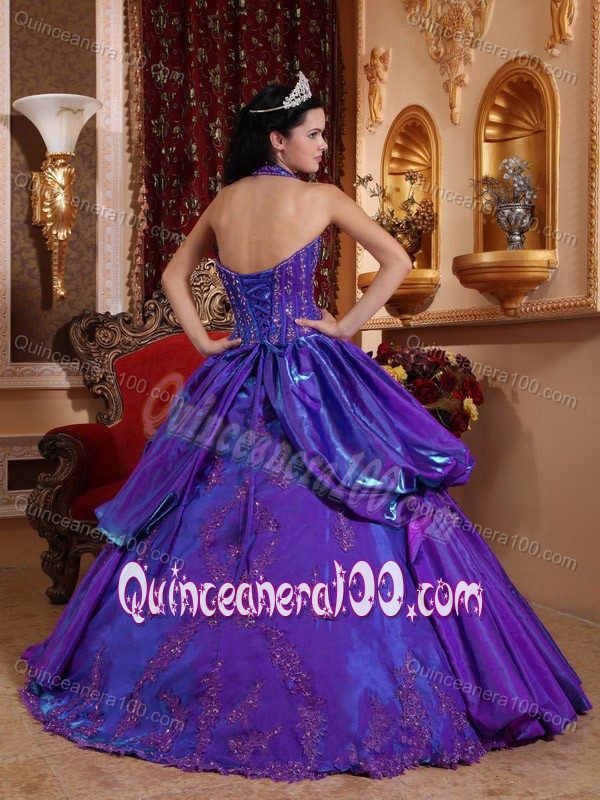 Purple Halter Taffeta Appliques Quinceanera Gown Dresses