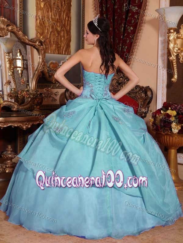 Light Strapless Blue Organza Beaded Quinceanera Dresses
