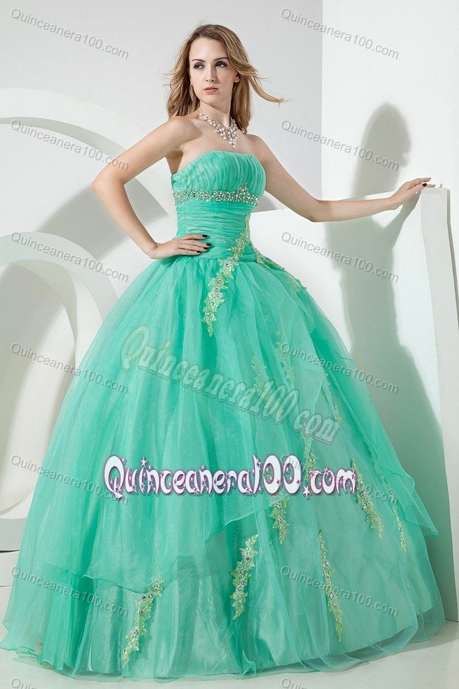 Turquoise Tulle Beaded Strapless Quince Dresses with Appliques