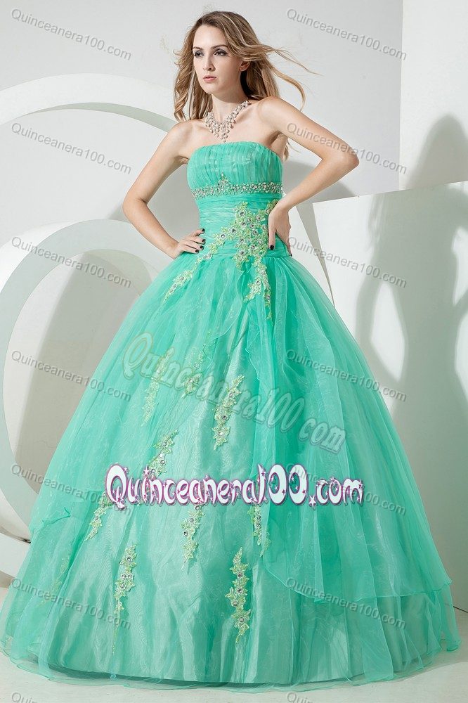 Turquoise Tulle Beaded Strapless Quince Dresses with Appliques