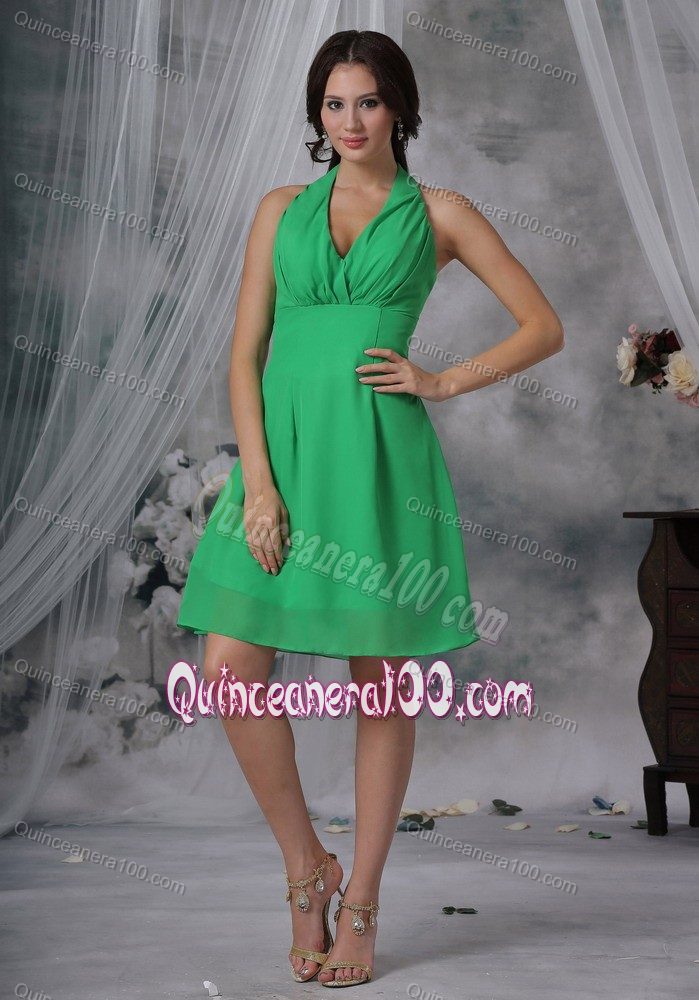 Halter Top Spring Green Knee-length Chiffon Dama Dress 2014
