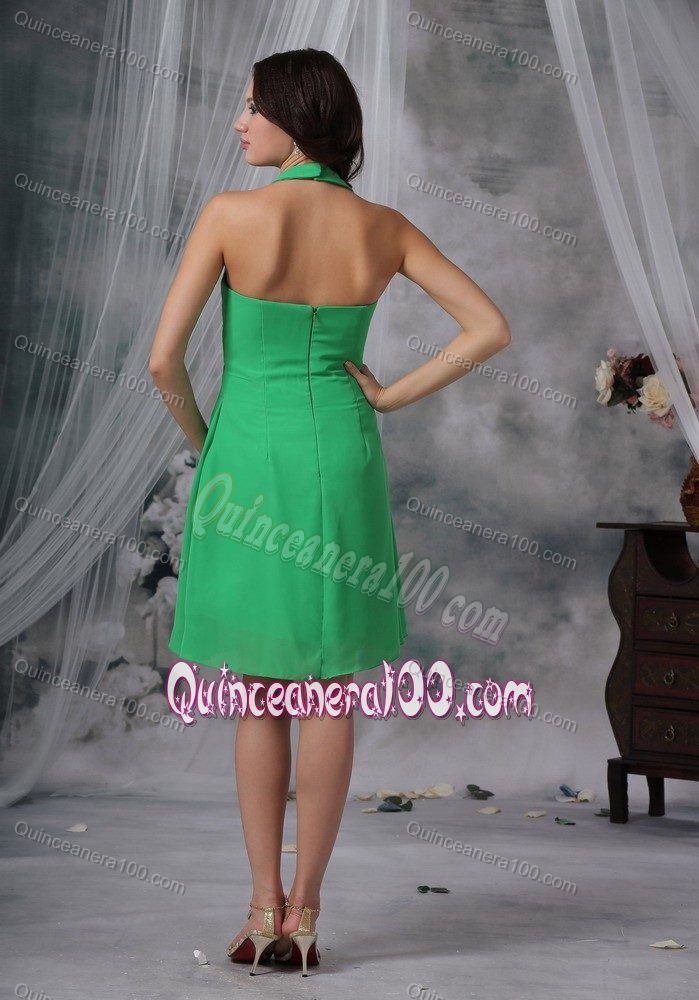 Halter Top Spring Green Kneelength Chiffon Dama Dress 2014