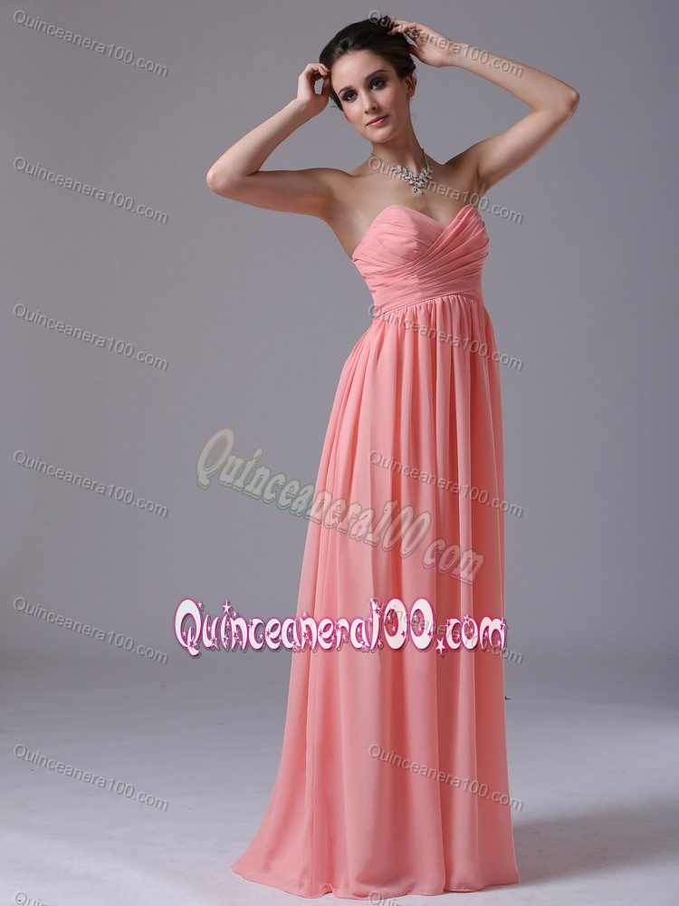 Sweetheart Watermelon Dama Dress with Ruches and a Brush Train
