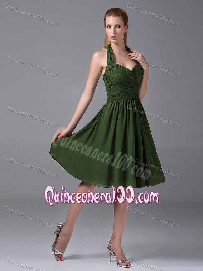Halter Top Olive Green Dama Dress with Ruches in Chiffon