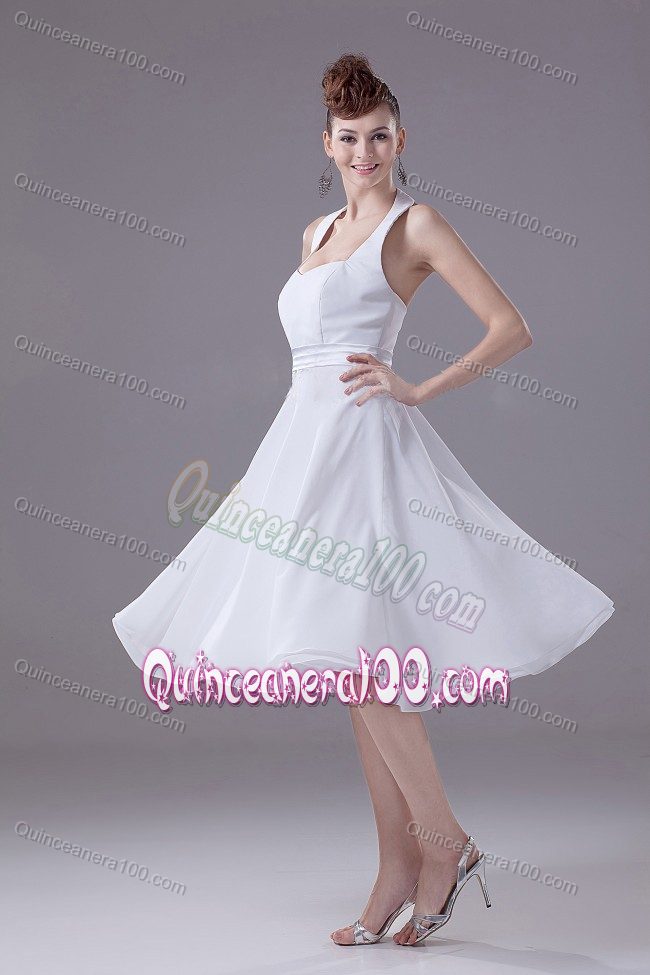 Discount Chiffon Halter Top White Dama Dress in Tea-length
