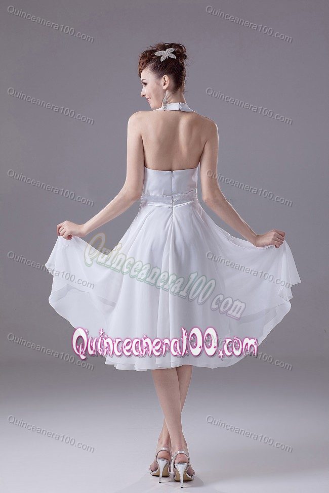 Discount Chiffon Halter Top White Dama Dress in Tea-length