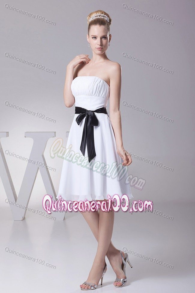 White Knee-length Chiffon Dama Dress with a Black Sashes