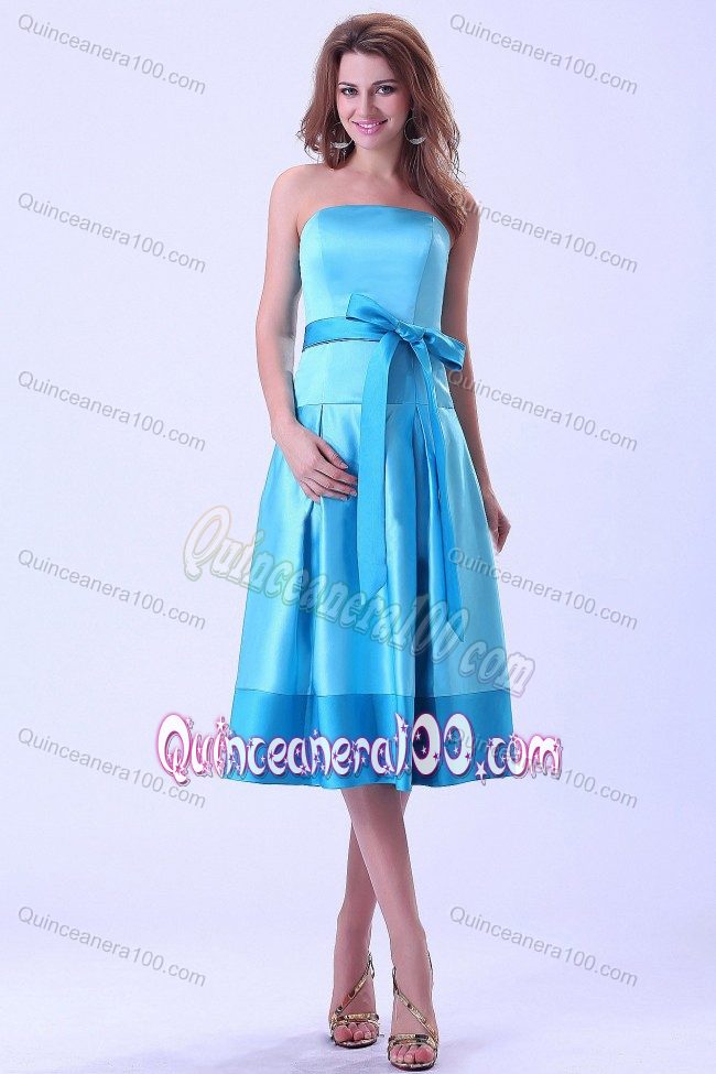 Satin Aqua Blue Dama Dress With a Bow Sash in Tea-length