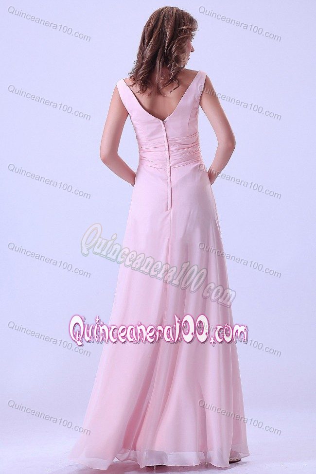 Baby Pink Chiffon Dama Quince Dress with Pleat in V-neck
