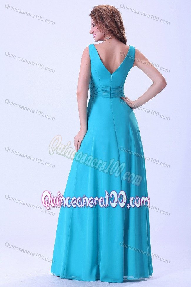 V-neck Aqua Blue Floor-length Dama Gown With Pleat in Chiffon