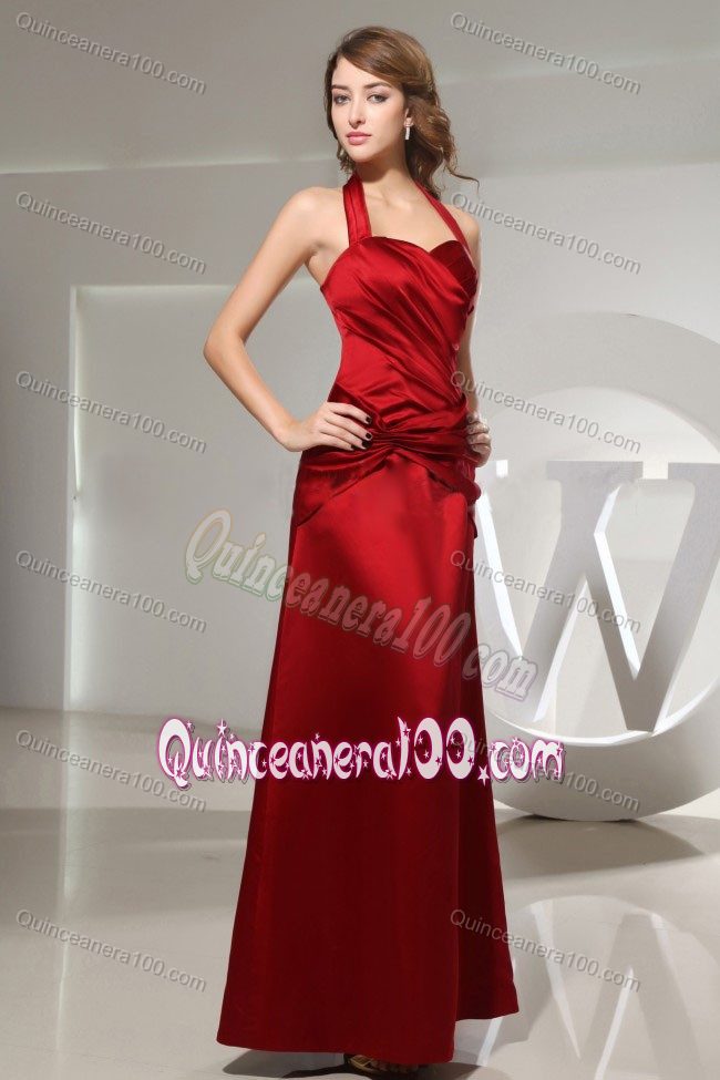 Halter Top Wine Red Ankle-length Dama Dress with Ruched in Satin