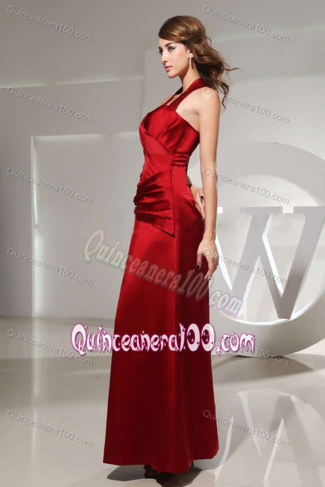 Halter Top Wine Red Ankle-length Dama Dress with Ruched in Satin