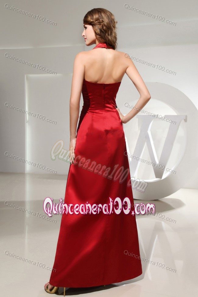 Halter Top Wine Red Ankle-length Dama Dress with Ruched in Satin