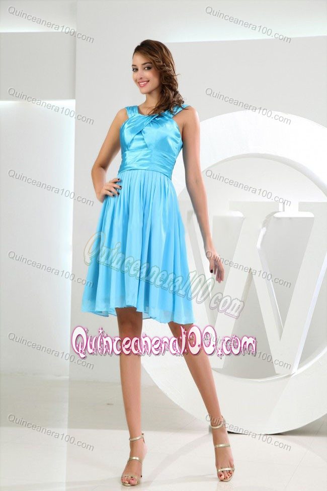 Baby Blue Knee-length Dama Gown in Chiffon and Taffeta with Straps