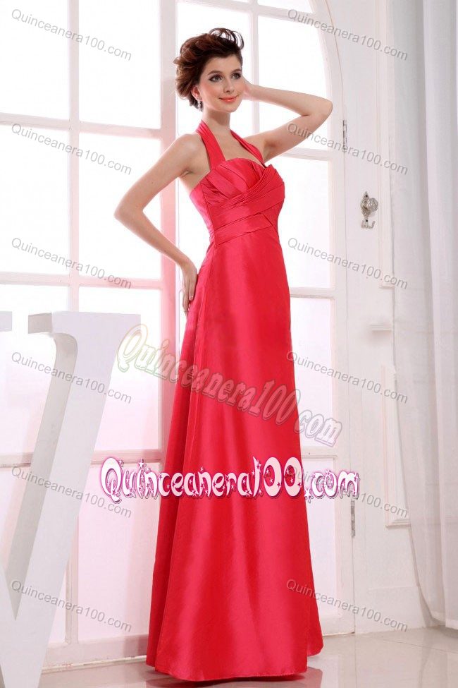 Red Halter Top Dama Dress with Asymmetric Pleat in Taffeta