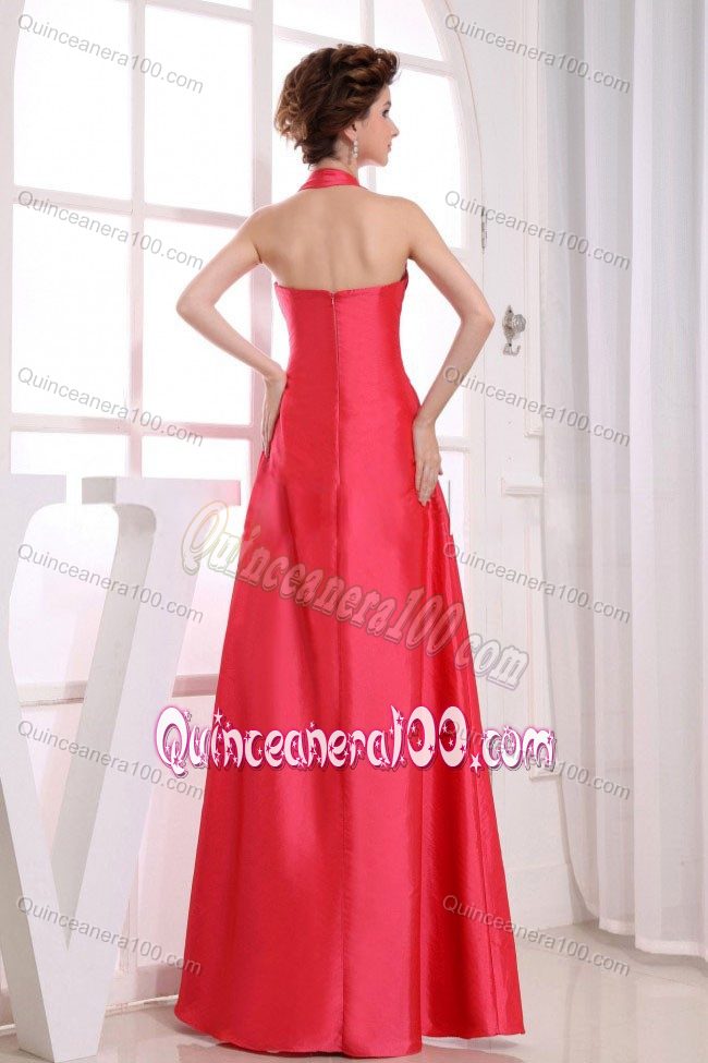 Red Halter Top Dama Dress with Asymmetric Pleat in Taffeta