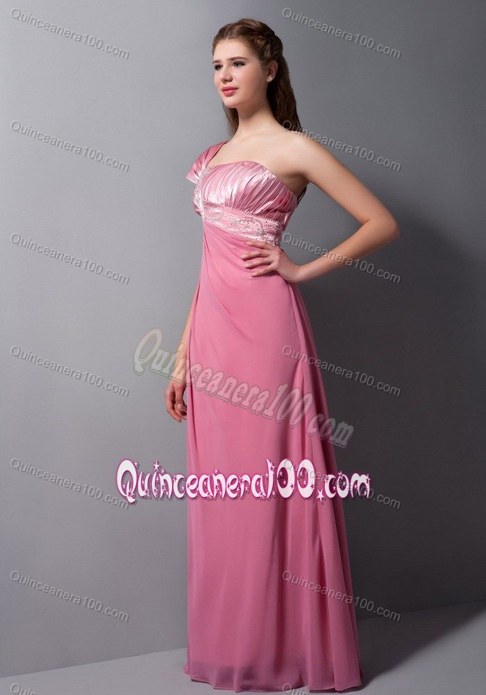 One Shoulder Pink Dama Dress with Beading in Taffeta and Chiffon
