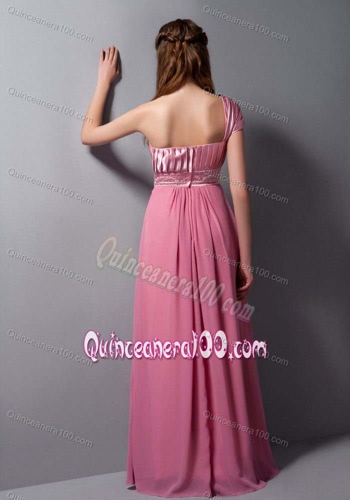 One Shoulder Pink Dama Dress with Beading in Taffeta and Chiffon