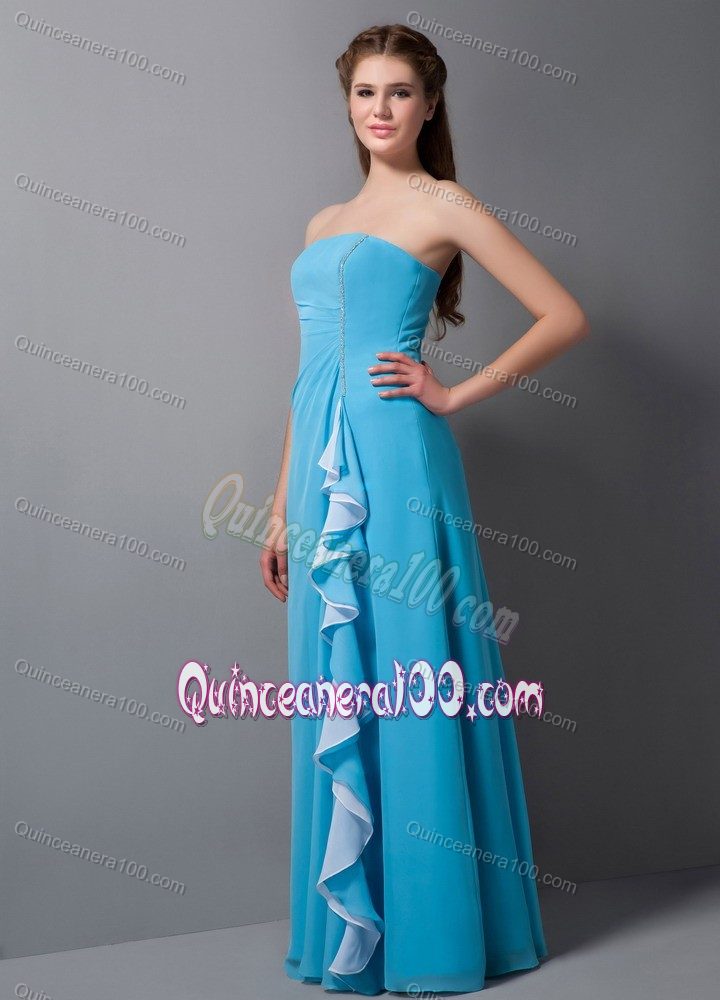 Simple Column Strapless Floor-length Baby Blue Chiffon Dama Dress