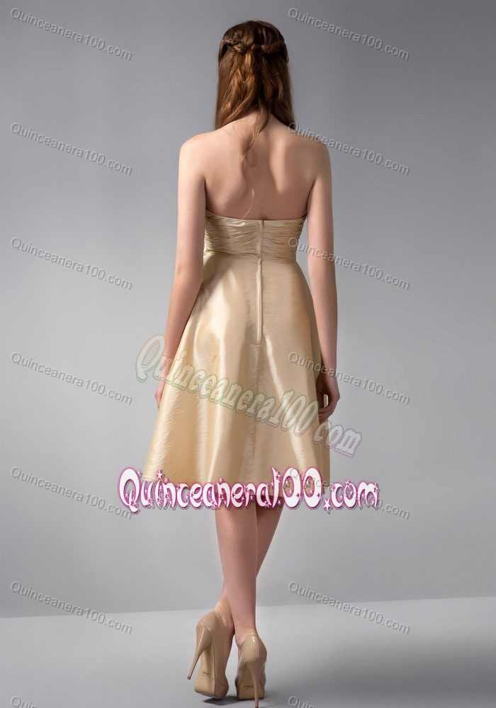 Elegant Empire Strapless Knee-length Gold Dama Dress with Ruches