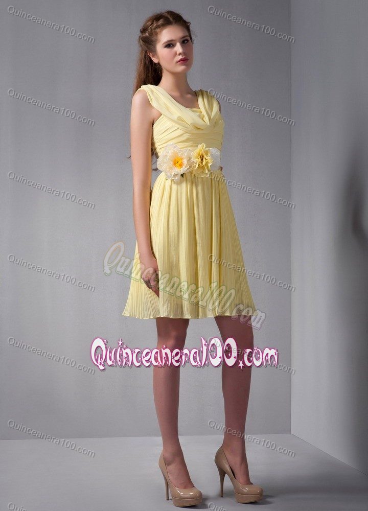 Empire Straps Minilength Yellow Dama Dress with Hand Made Flower Quinceanera 100