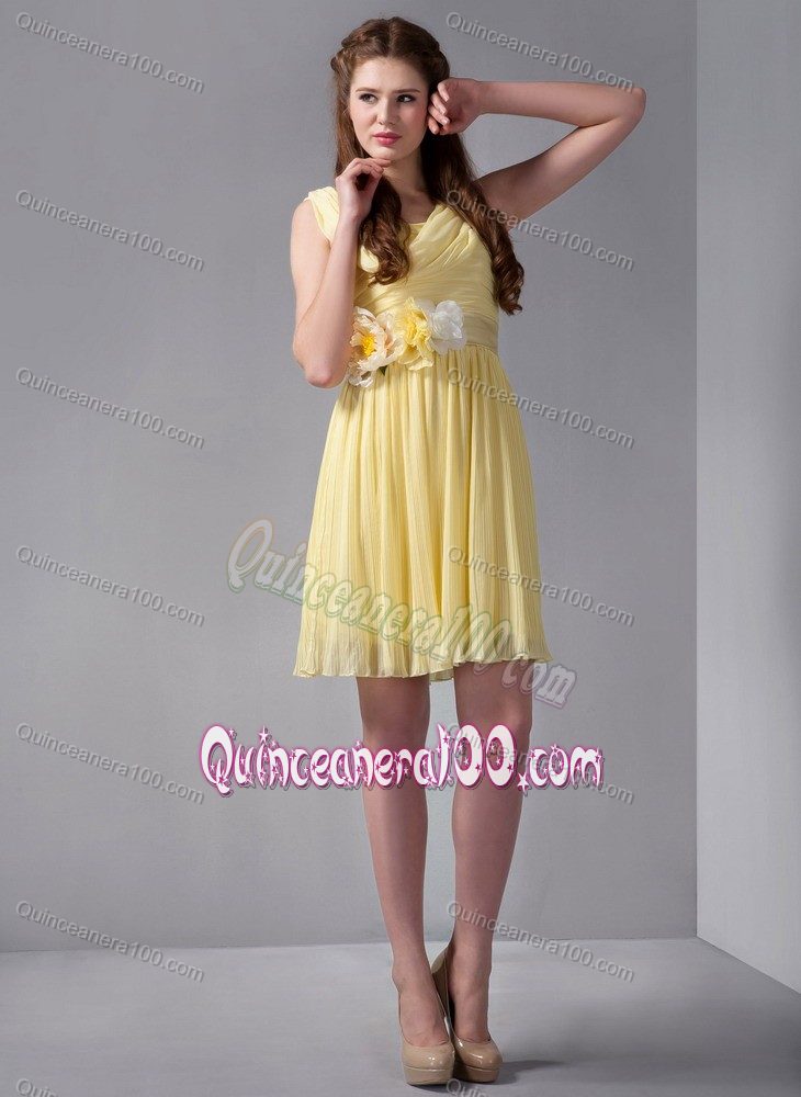 Empire Straps Mini-length Yellow Dama Dress with Hand Made Flower