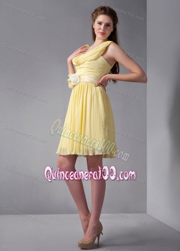 Empire Straps Mini-length Yellow Dama Dress with Hand Made Flower