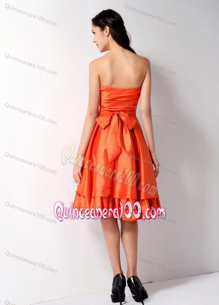A-line Strapless Orange Red Dama Dress with Ruches and Bowknot