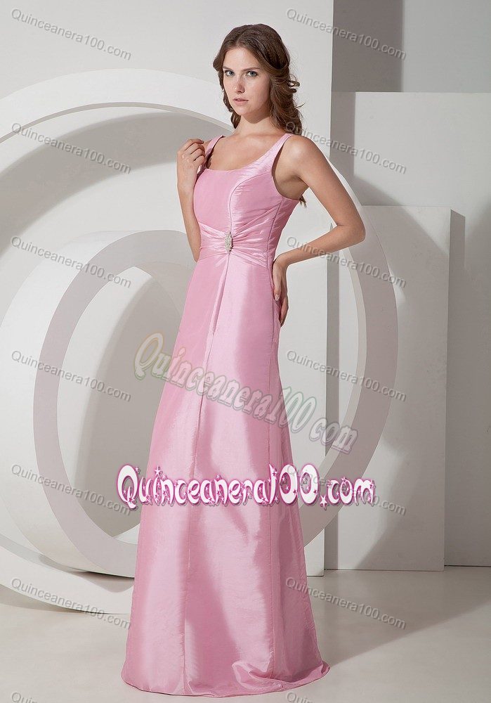 Square Rose Pink Empire Floor-length Beaded and Ruched Dama Dress